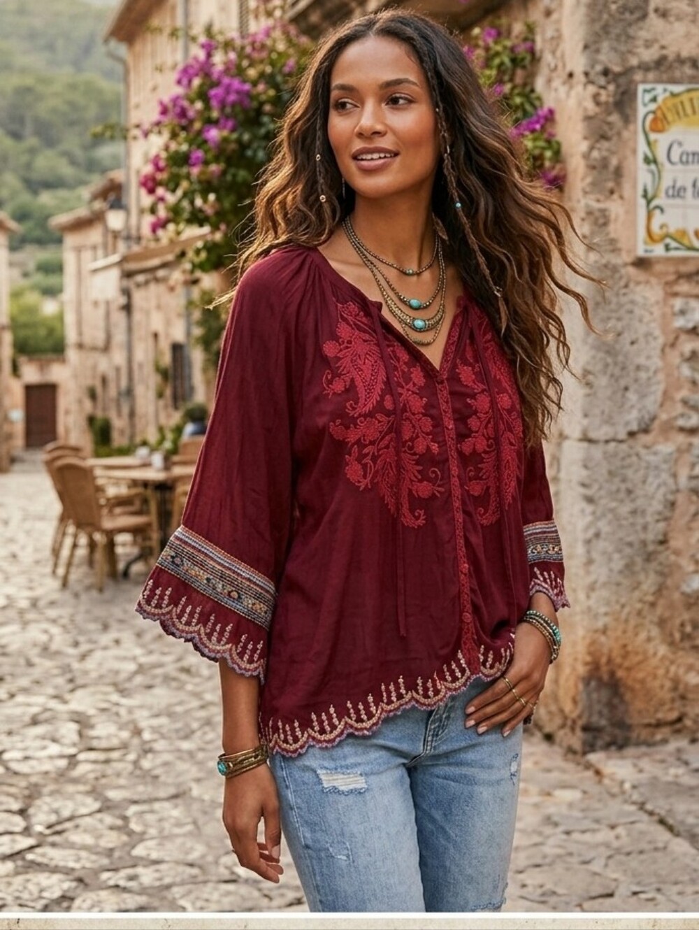 Johnny Was Nasiba Blouse 3/4 Sleeve Embroidery Blouse